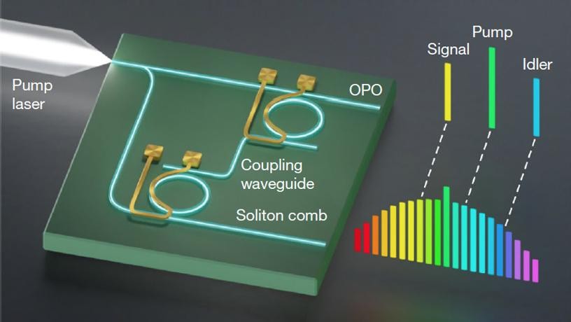 A high-level schematic of the photonic integrated chip, developed by the Gaeta lab, for all-optical optical frequency division, or OFD – a method of converting a high-frequency signal to a lower frequency. Credit: Yun Zhao/Columbia Engineering